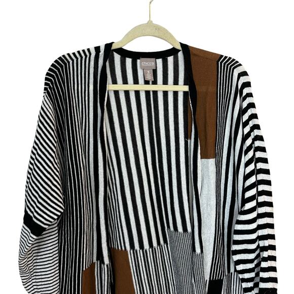 Chicos Lightweight Open Front Knit Cardigan XL Black White Brown Stripe Size 3 - Picture 4 of 8